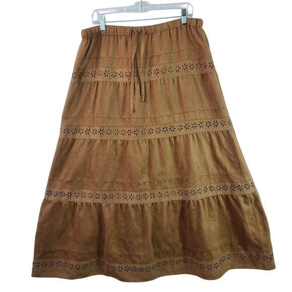 Laura Ashley Brown Faux Suede Floral Cut Out Trim Lined Tiered BOHO Maxi Skirt 8 - Picture 3 of 5
